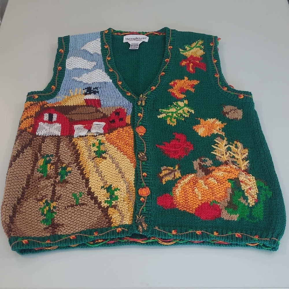 EUC VTG the eagles nest Farm Themed Hand Knit Ramie/Cotton Sweater Vest